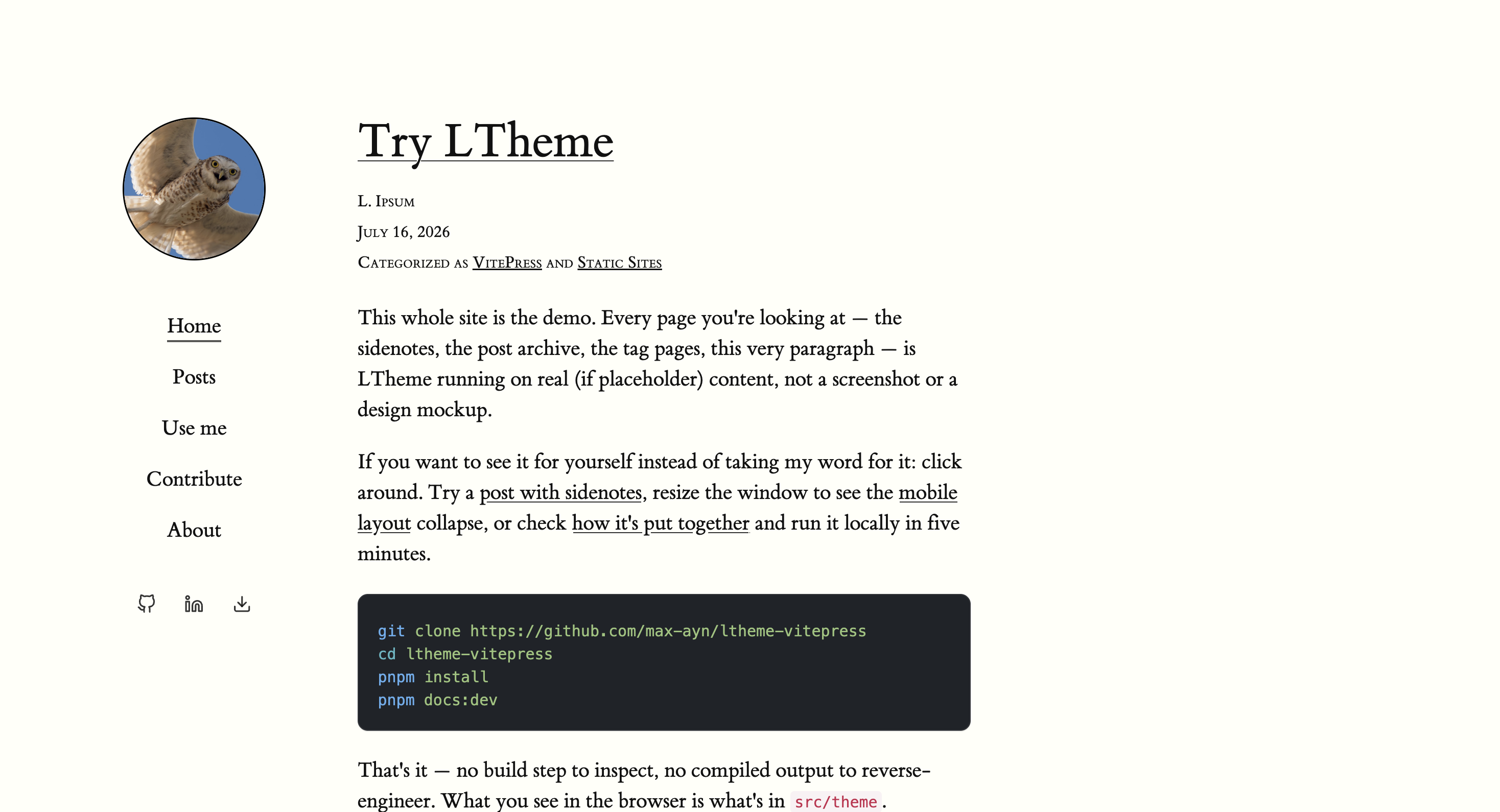 LTheme demo site showing the post layout, sidebar navigation, and clone instructions